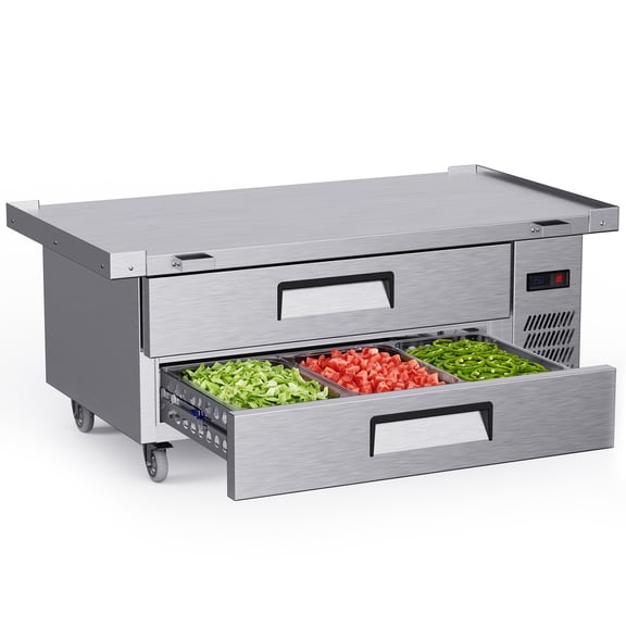 60 in. 10 cu. ft. Commercial Undercounter Worktop Refrigerator Chef Base 2 Drawers in Stainless Steel with 6 Pans Marine Edge for Restaurant Kitchen Cafe Bar Prepare