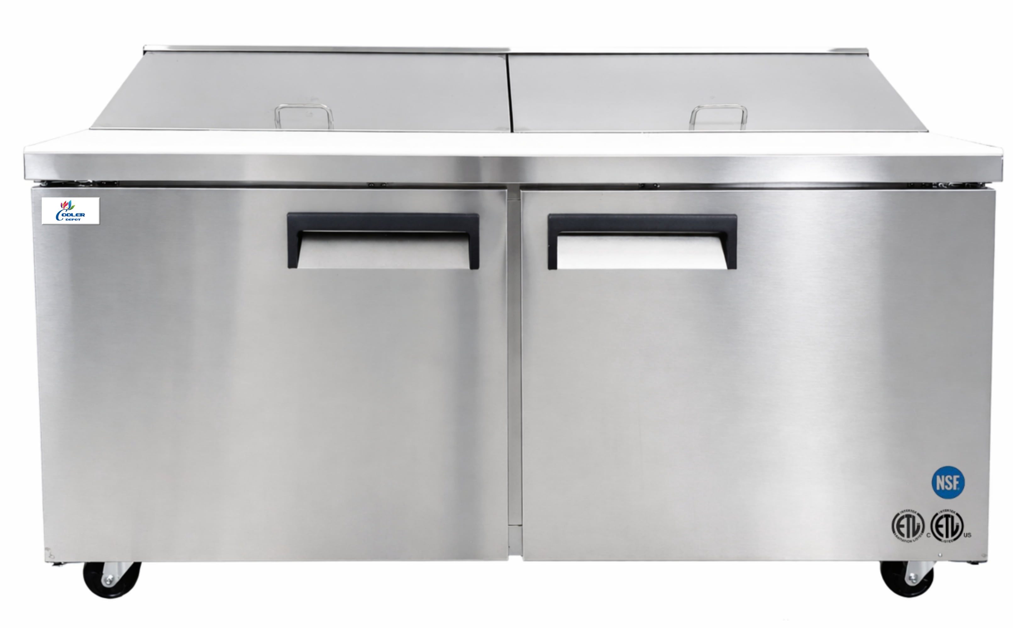 60 in Commercial Sandwich Prep Table Refrigerator, Dual Lid Top, 16 x 1/6 Pan Capacity, Stainless Steel, NSF Certified, 2 Door