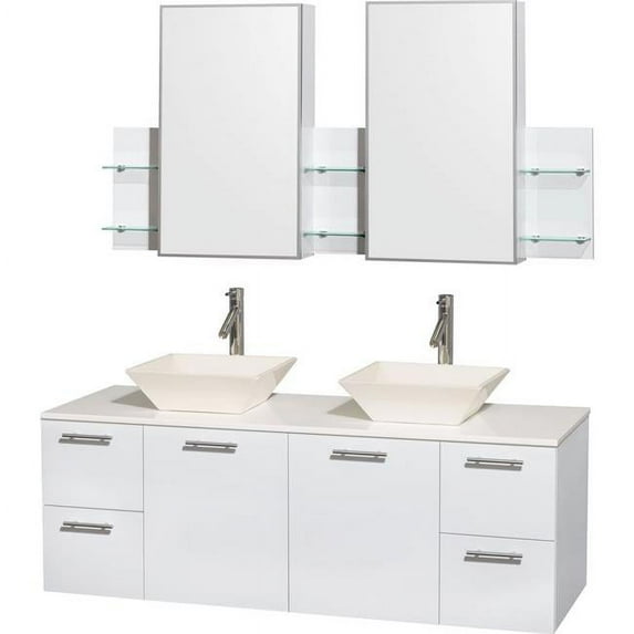 60 in. Double Bathroom Vanity In Glossy White, White Man-Made Stone Countertop, Pyra Bone Porcelain Sinks, And Medicine Cabinets