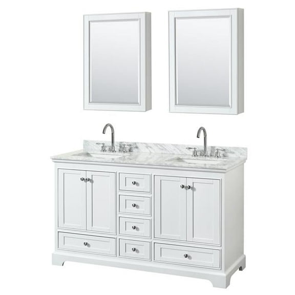60 in. Double Bathroom Vanity, White Carrara Marble Countertop, Undermount Square Sink & Medicine Cabinets - White