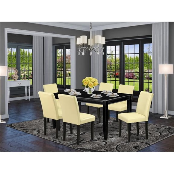 60 in. Dudley Rectangular Dining Table & Six Parson Chair with Black Leg & Pu Leather - Eggnog, 7 Piece