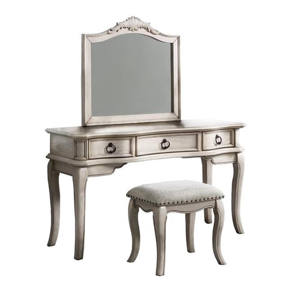 60 in. Fyn White Solid Wood & Gray Vanity Desk Set with Stool & Mirror