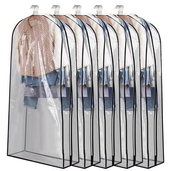 60 in. Garment Bag for Hanging Clothes Dustproof Waterproof Storage Bag Clear Transparent Suits Cover & Sweater Jacket Coat Dress, Black - Large - Pack of 5 - Unisex