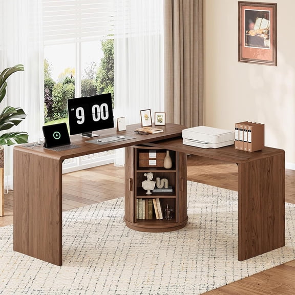 60 in L Shaped Desks,360 Rotating Swivel Corner Desk,Walnut