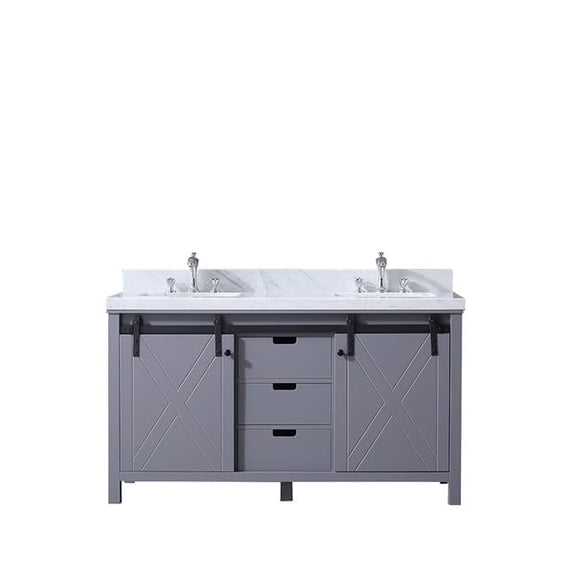 60 in. Marsyas Double Vanity with White Carrera Marble Top, White Square Sinks & No Mirror - Dark Grey