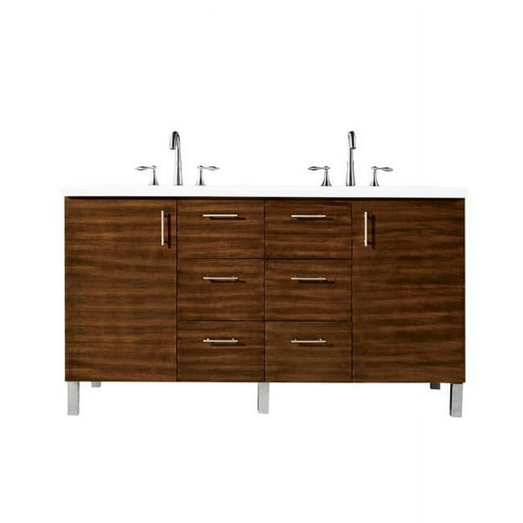 60 in. Metropolitan Double Vanity with 3CM White Zeus Quartz Top, American Walnut