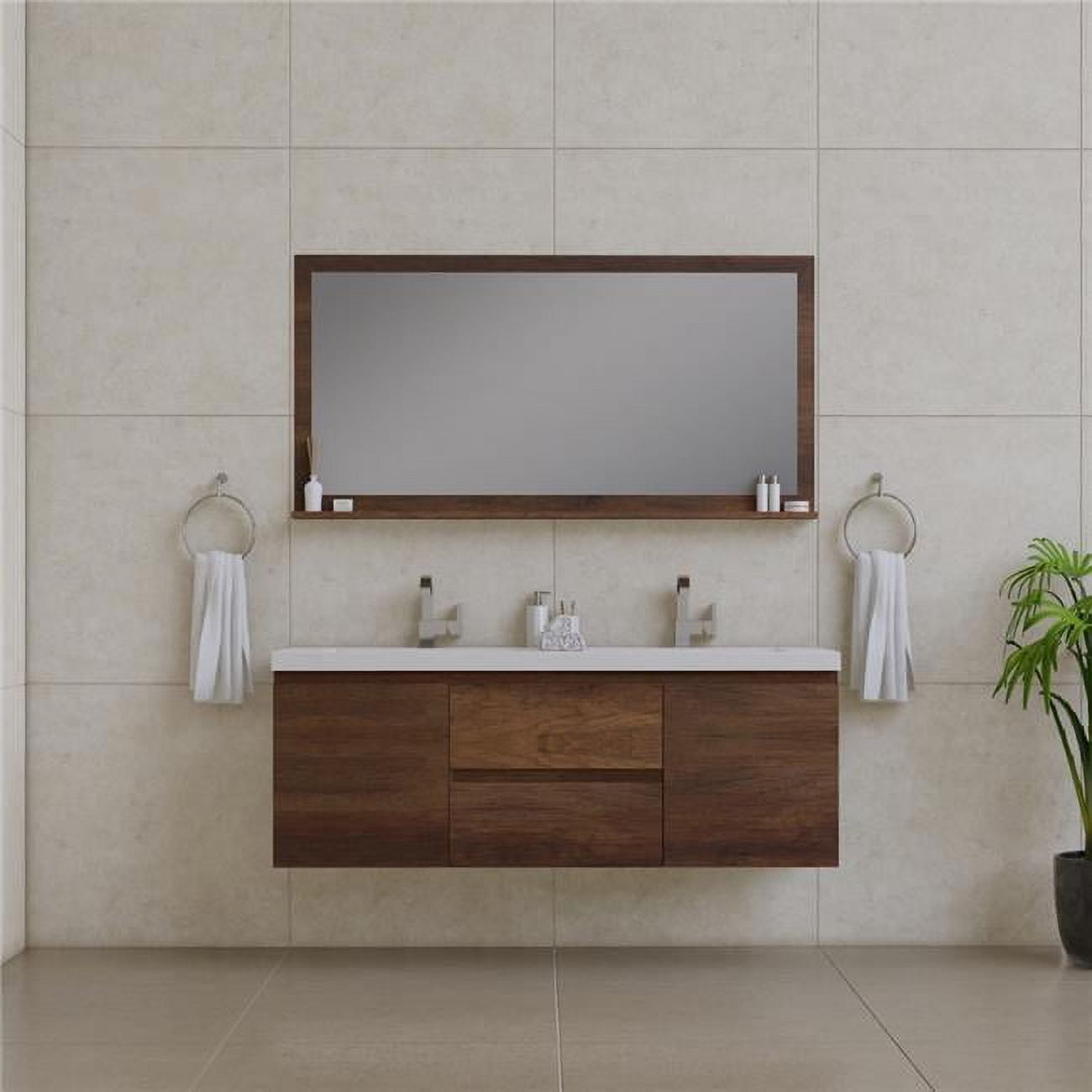 60" Rosewood MDF Floating Vanity with White Solid Surface Sink