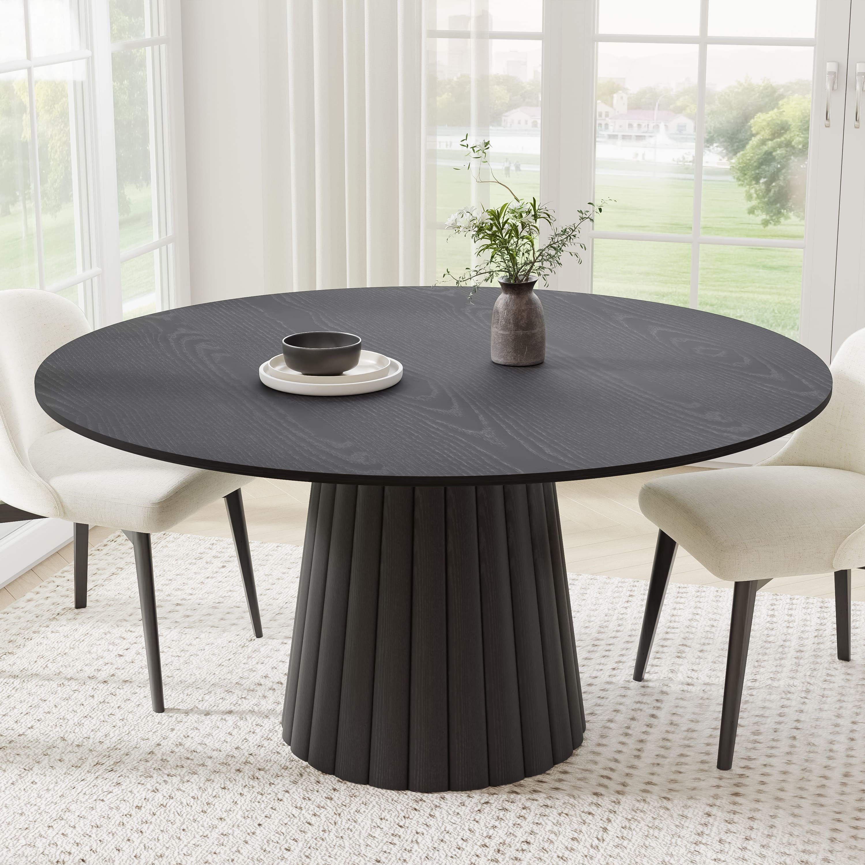 Dovelina 60 in. Soild Wood Black Dining Table Round Kitchen Table ...
