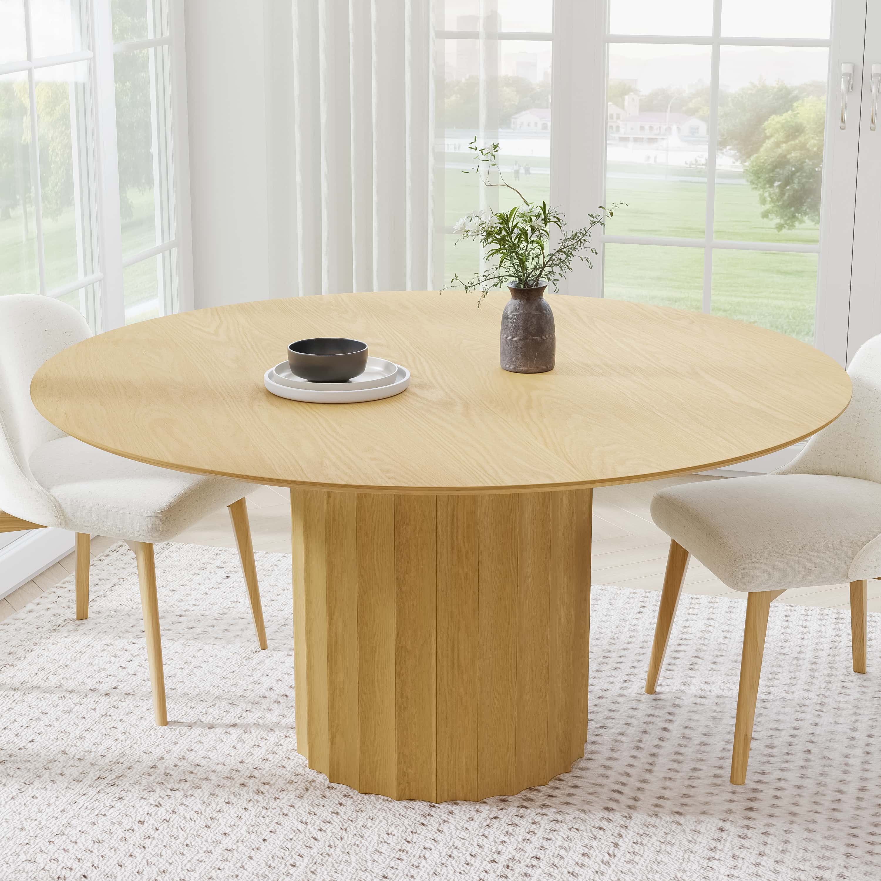 60 in. Soild Wood Natural Oak Dining Table Round Kitchen Table