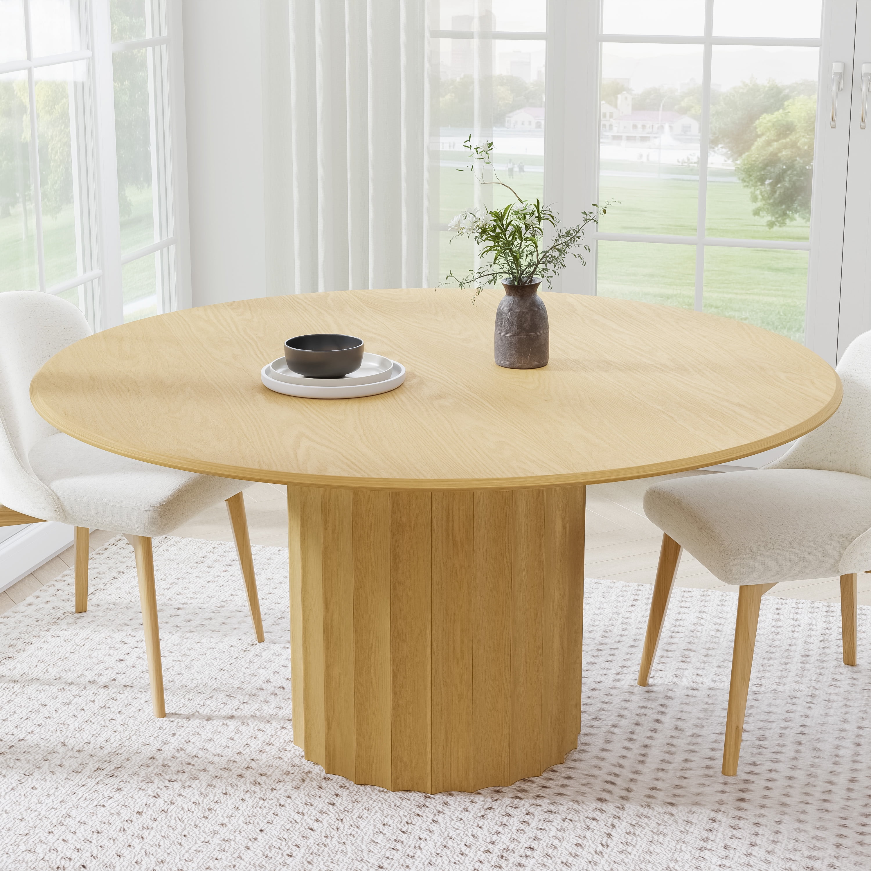 60 in. Soild Wood Natural Oak Dining Table Round Kitchen Table