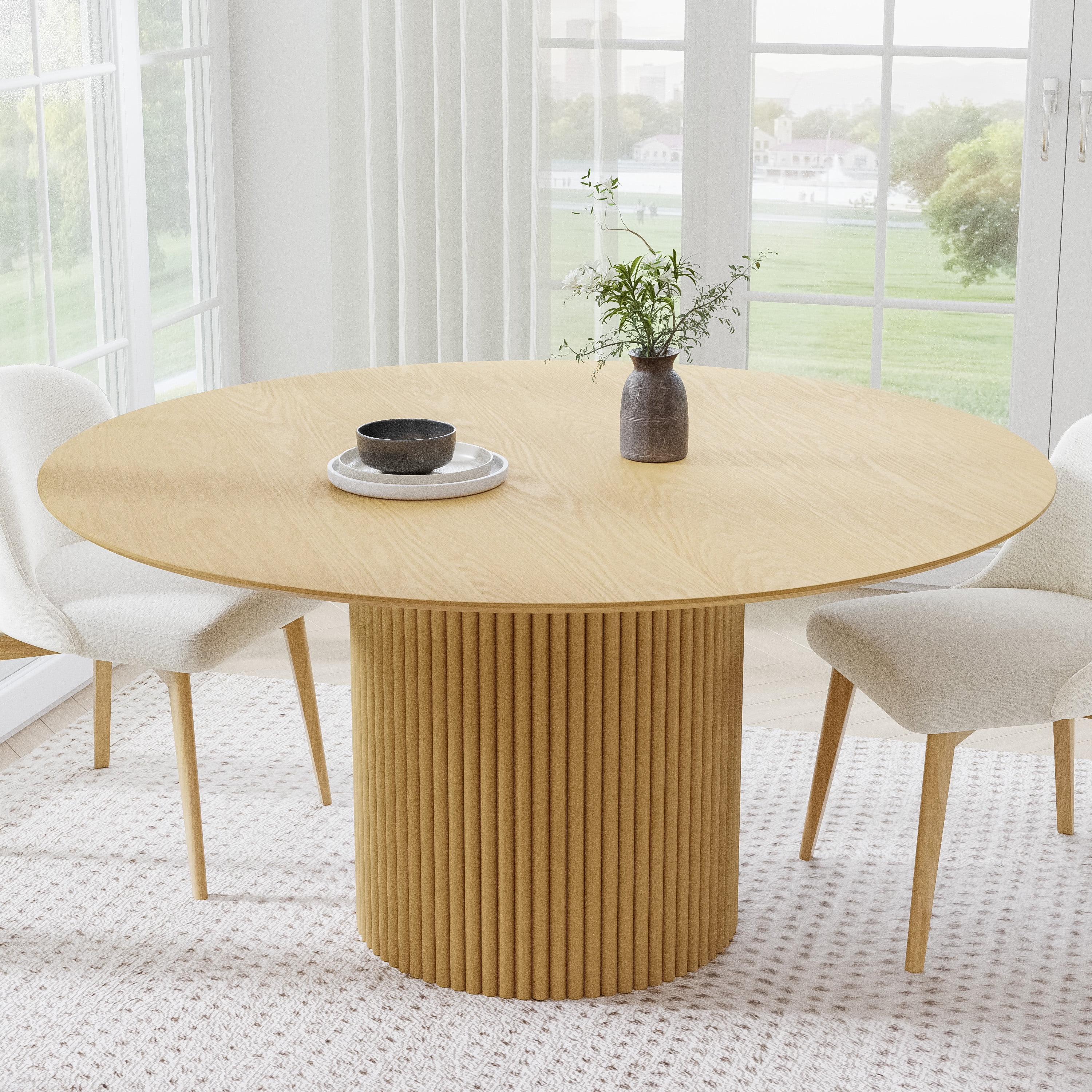 60 in. Soild Wood Natural Oak Dining Table Round Kitchen Table