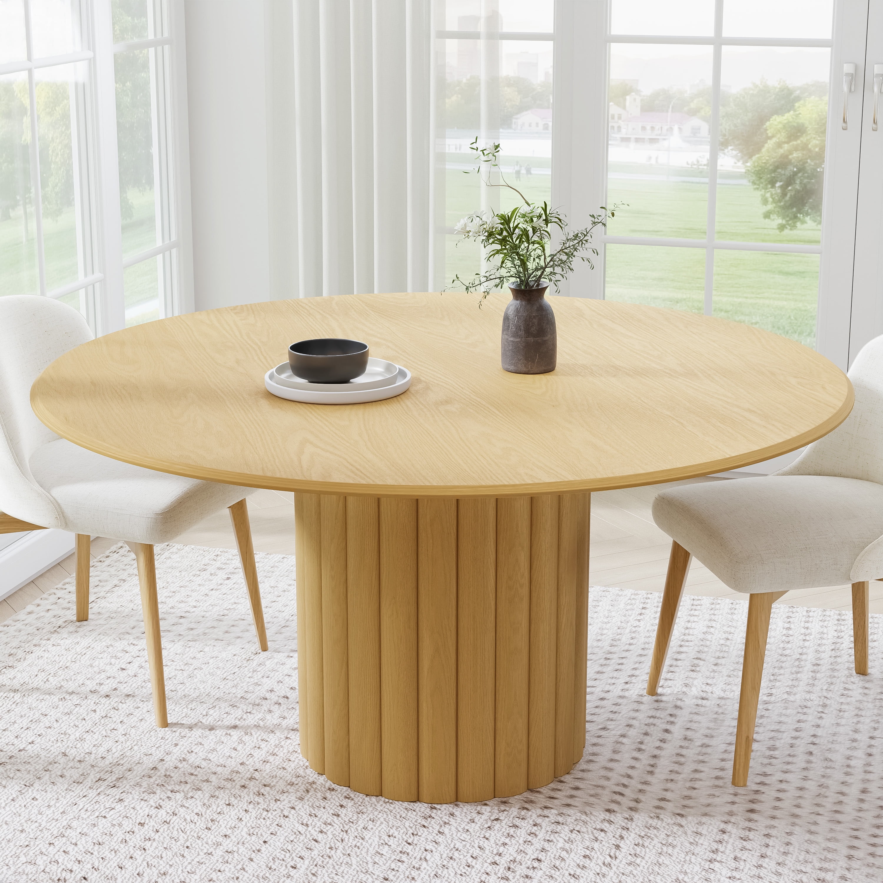 60 in. Soild Wood Natural Oak Dining Table Round Kitchen Table
