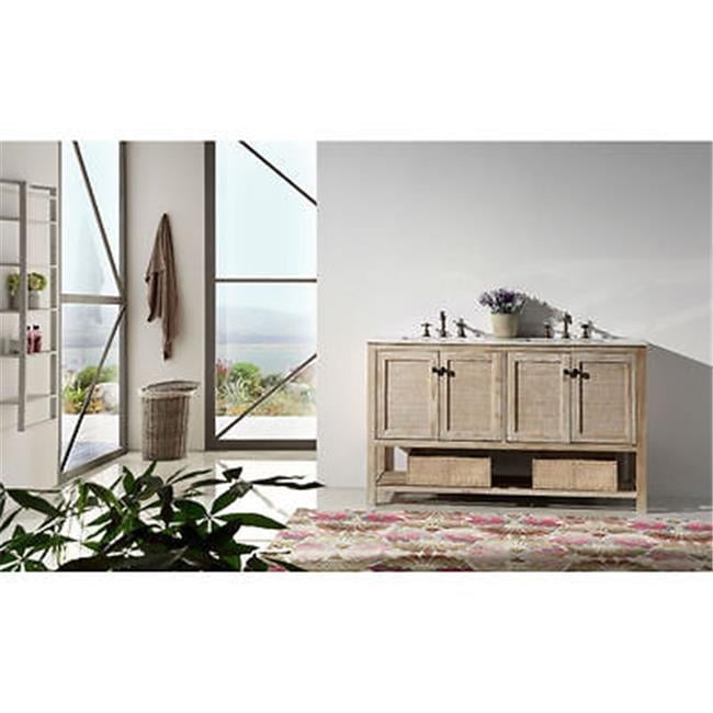 60'' White Wash Fir Wood Double Bathroom Vanity with Marble Top