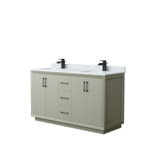 60 in. Strada Double Bathroom Vanity, Light Green, White Carrara Marble Countertop, Undermount Square Sinks & Matte Black Trim