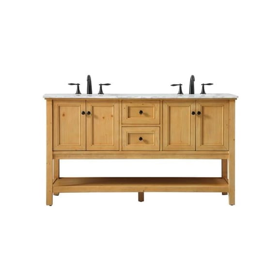 60 in. Transitional Double Bathroom Vanity, Natural Wood