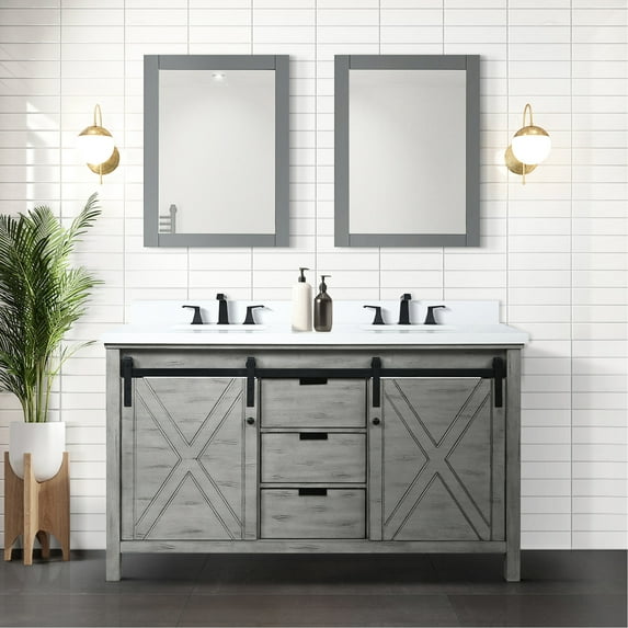 60 in. W Double Bath Vanity in Ash Grey, Cultured Marble Top / Faucet, Mirror & Plywood Filler