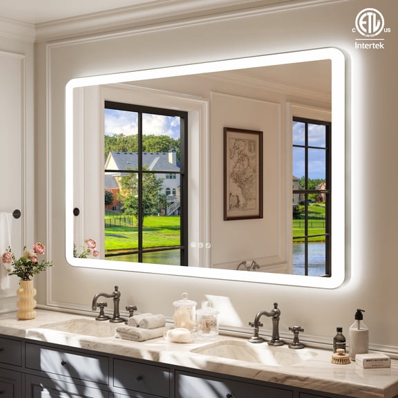 60 in. W x 36 in. H Rectangular Corner-round Border Ultra-bright LED Wall-mounted Bathroom Vanity Mirror in Brushed Nickel