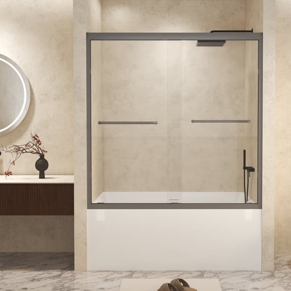 60 in. W x 60 in. H Aluminum Frame Sliding Bathtub Shower Door with Tempered Glass, Gun Ash
