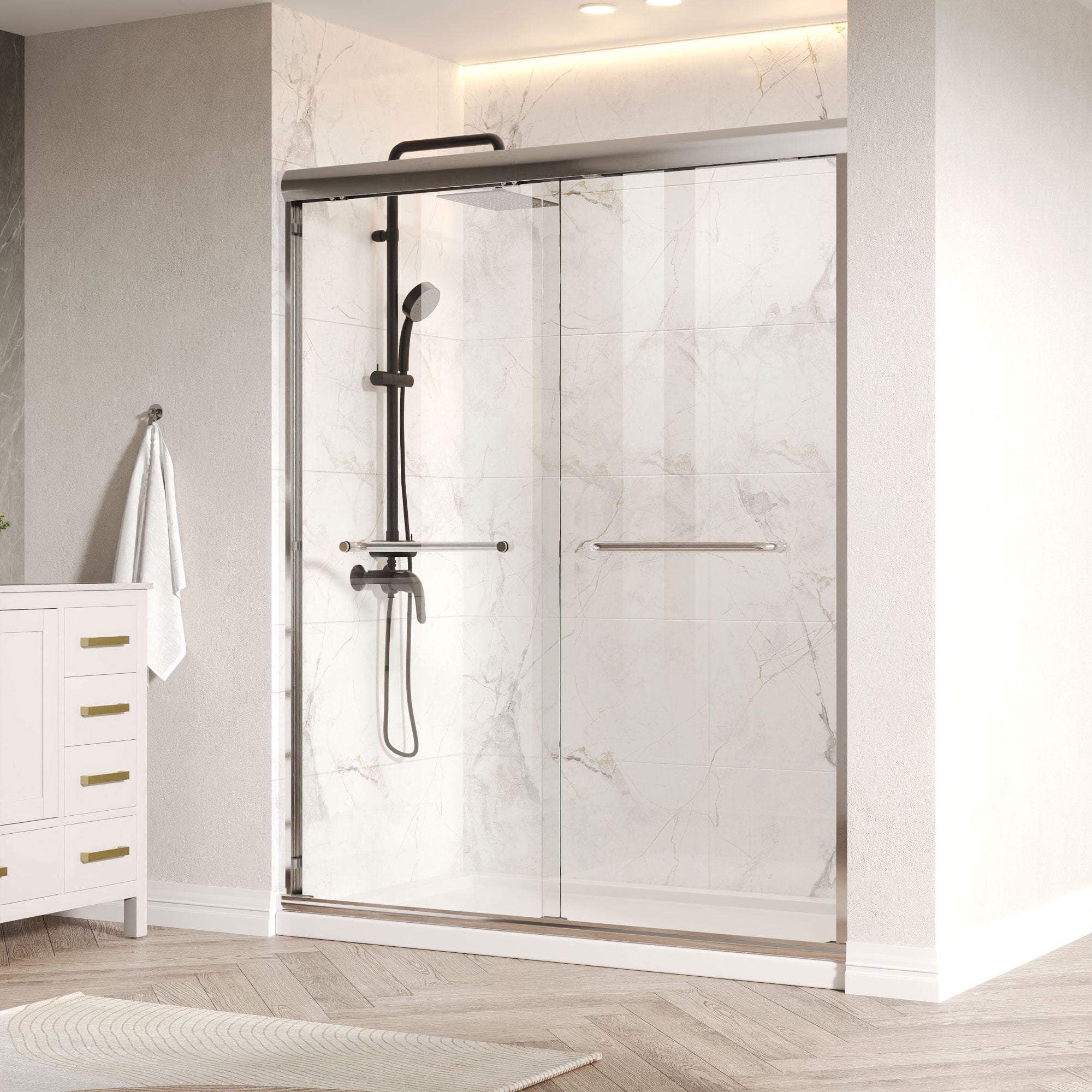 Silver Semi-Frameless Double Sliding Shower Door with Tempered Glass