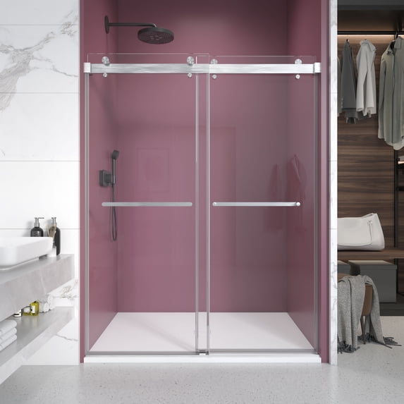 60 in. W x 76 in. H Double Sliding Frameless Shower Enclosure With Clear Glass in Brushed Nickel