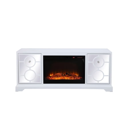 60 in. mirrored TV stand with wood fireplace insert in white