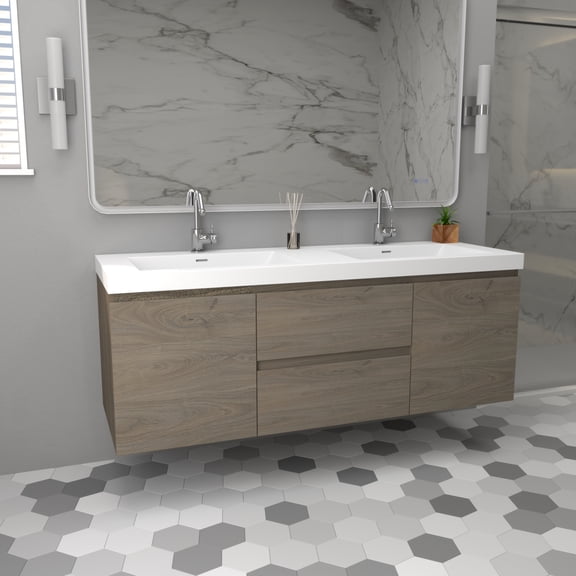 60 in wall mounted Ash Grey bathroom vanity with 2 White sink,2 doors & 2 drawers with soft-close