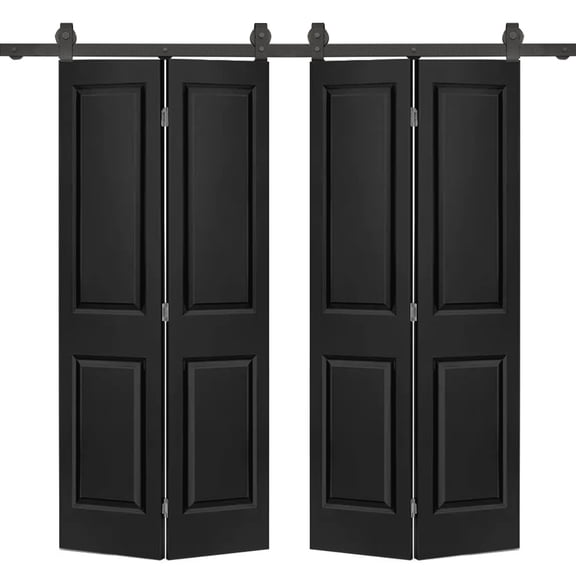 60 in. x 80 in. 2 Panel Black Painted MDF Composite Double Bi-Fold Barn Door with Sliding Hardware Kit