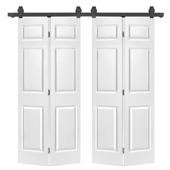 60 in. x 80 in. 6-Panel Primed MDF Composite Double Bi-Fold Barn Door with Sliding Hardware Kit