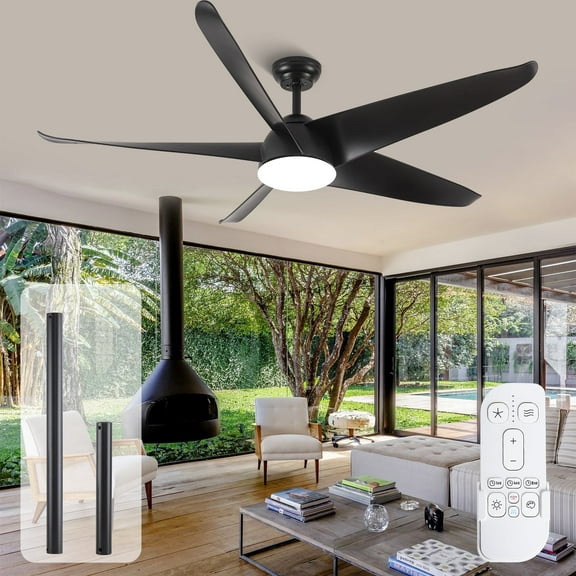 60 inch Black Modern Ceiling Fan with Light Remote, Waterproof, Dimmable, Indoor Outdoor