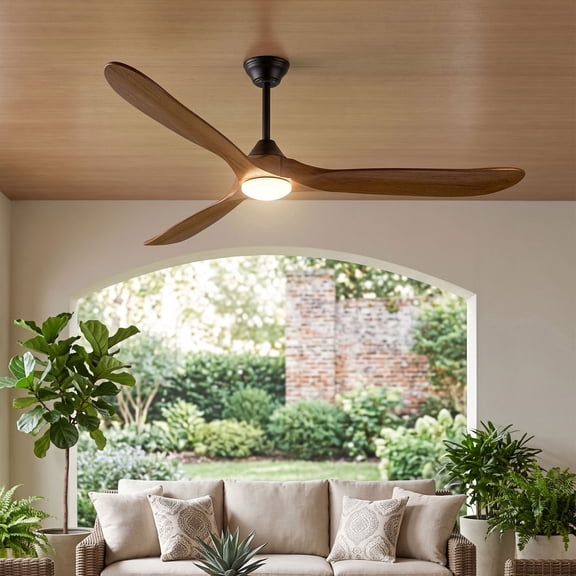 60 inch Ceiling Fan with Light and Remote, ETL Listed, Rustic Farmhouse 3 Brown Wood Propeller Blades, Large Airflow, Energy Saving DC Motor, for Indoor Commerce Living Room High Ceilings