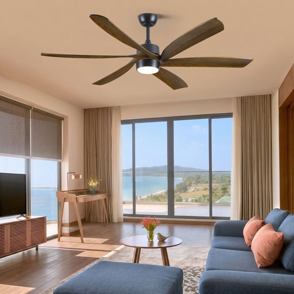 60 inch Farmhouse Ceiling Fan with Light and Remote, 6 Brown Solid Wood Propeller Blades, 3CCT Dimmable, 6 Speed Quiet DC Motor, Rustic Style for Indoor High Ceilings Living Room