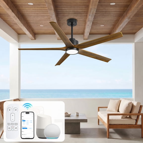 52" Smart Ceiling Fan with Light and Remote, Works with Alexa Tuya APP, 5 Brown Solid Wood Blades, Quiet Reversible DC Motor, Indoor Outdoor Propeller Fan for Patios Gazebo