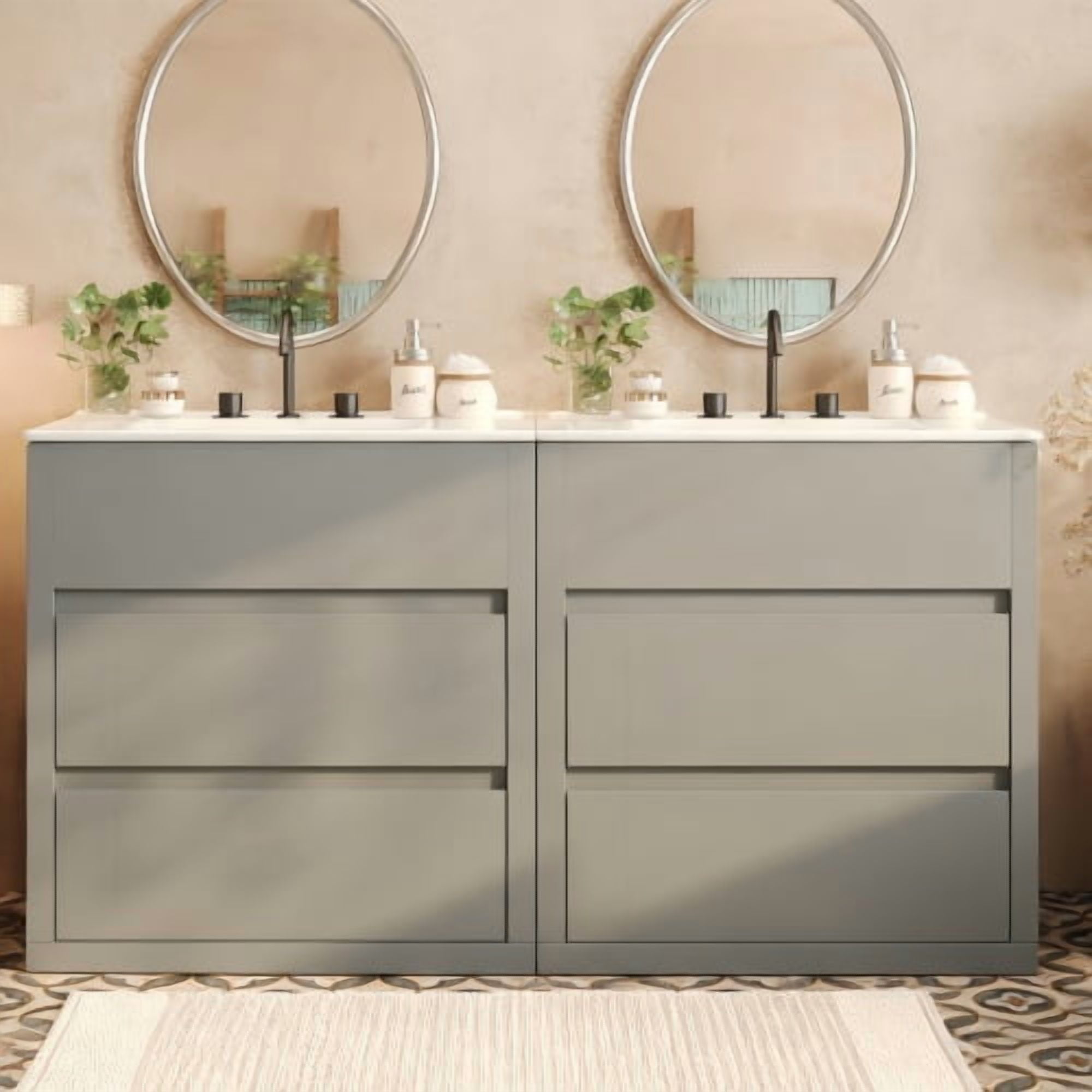 60 inch Double Sink Bathroom Vanity Set, Two Separate Ceramic Sinks Vanity, Modern Bathroom Cabinet with Soft Close Drawers, Gray