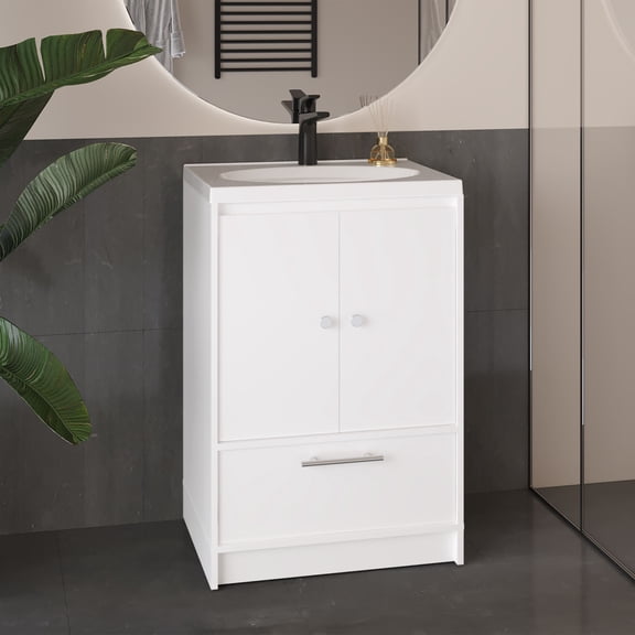 60 inch Double Sink Bathroom Vanity White, MDF with Two Doors and Two Drawers for Master Bathroom Storage