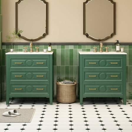 60 inch Double Sink Bathroom Vanity with 2 Ceramic Basins, 6 Drawers Storage, Solid Wood Frame, Retro Green Freestanding Cabinet with Gold Handles