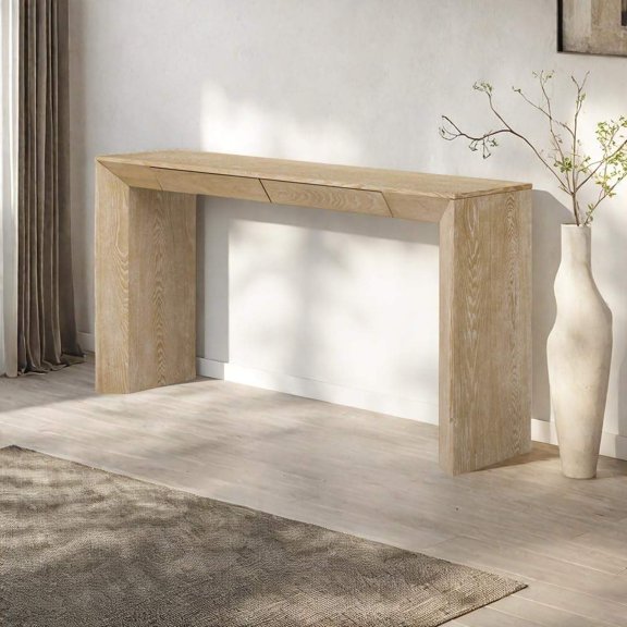 60-inch Long Console Table with Storage Drawers, Waterfall Design Sofa Table for Living Room, Natural Finish