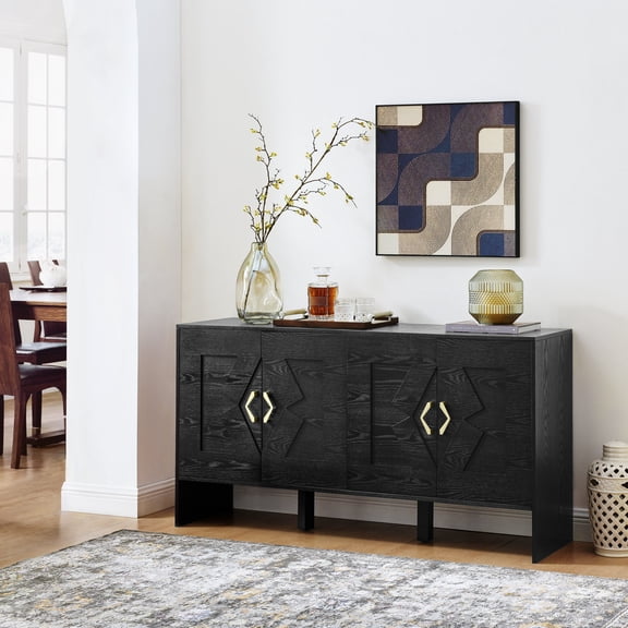 60 inch Mid Century Modern Sideboard Buffet Cabinet with Storage, Black MDF TV Media Console with Geometric Pattern & Adjustable Shelves for Living Room Dining Room Entryway