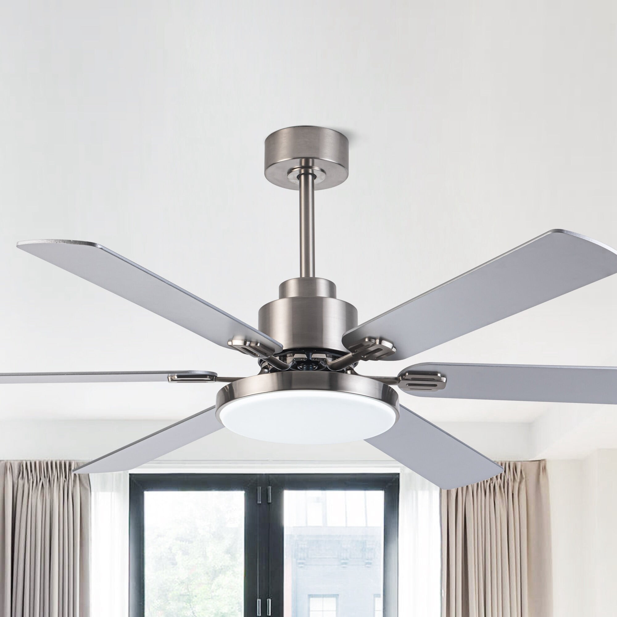 60inch Modern Brushed Nickel 6Blade LED Ceiling Fan with Light and