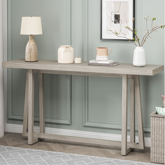60-inch Modern Console Table, Grey Faux Wood Grain Entryway Table, Heavy Duty Sofa Table with 220 lbs Capacity, Weather-Resistant Hall Table for Indoor & Outdoor Patio