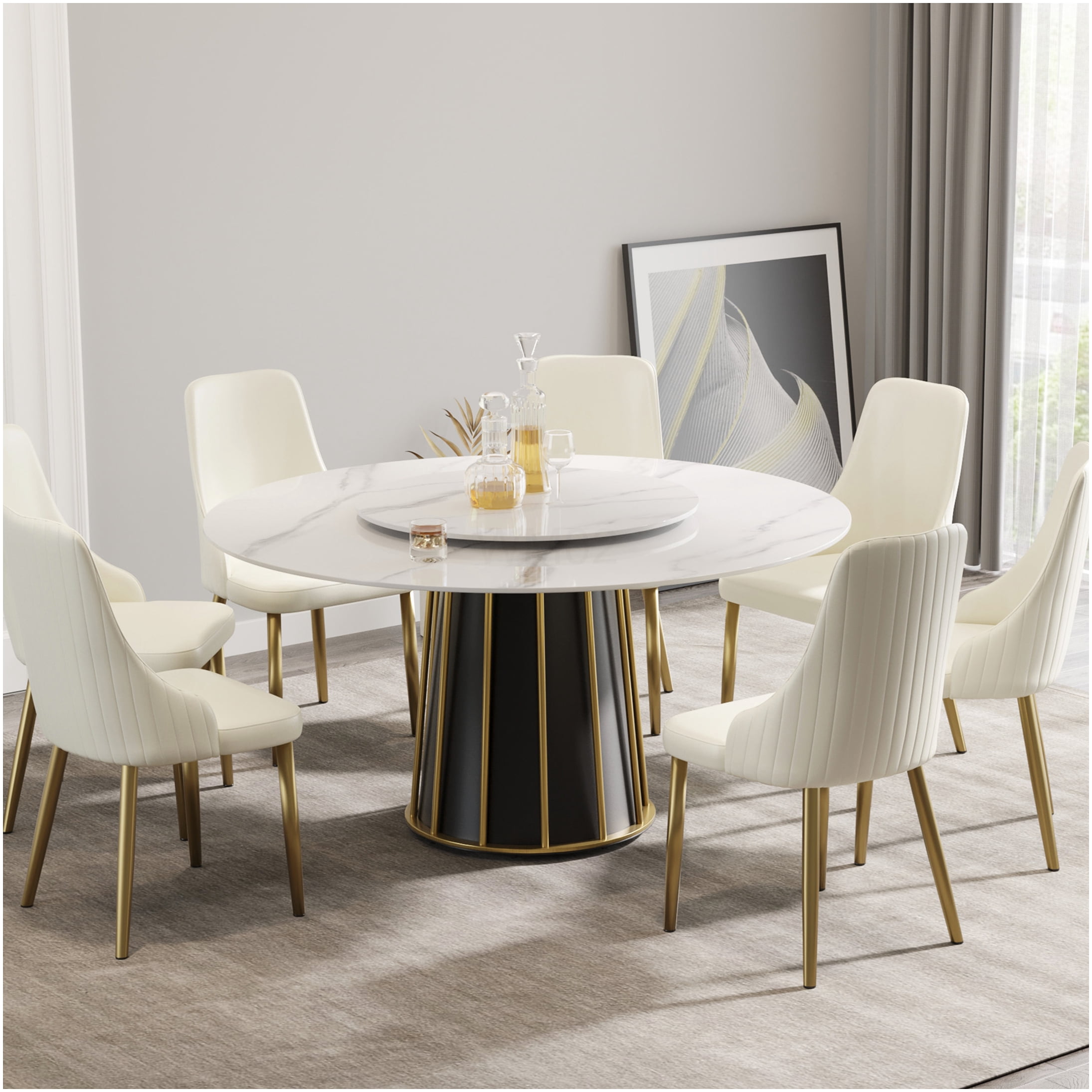 60 inch Modern Round Dining Table for 8 with Lazy Susan, White Sintered ...