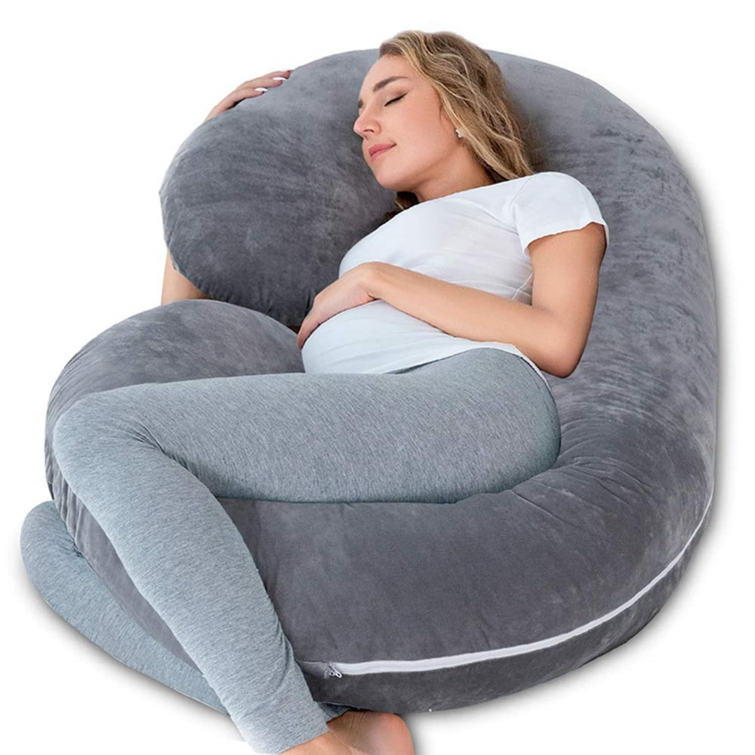 60 inch Pregnancy Pillow with Removable Velvet Cover, Side J Type Full-Body Pillow for Back, Legs and Belly Support, Comfortable Slumber for Pregnant Women