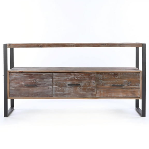 60 inch Reclaimed Wood Media TV Console table with 3 Drarwer, Open Shelf, Antique finish (Antique Gray)