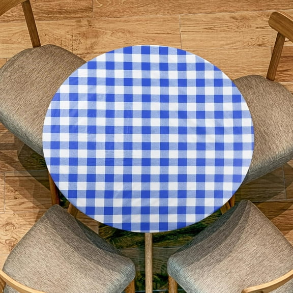 60-inch Round Fitted Tablecloth with Elastic Edge, Round PVC Table Cloth Waterproof Stretchable Vinyl Tables Cover Fit 44"-52" Diameter for Picnic Camping Outdoor, Blue/White