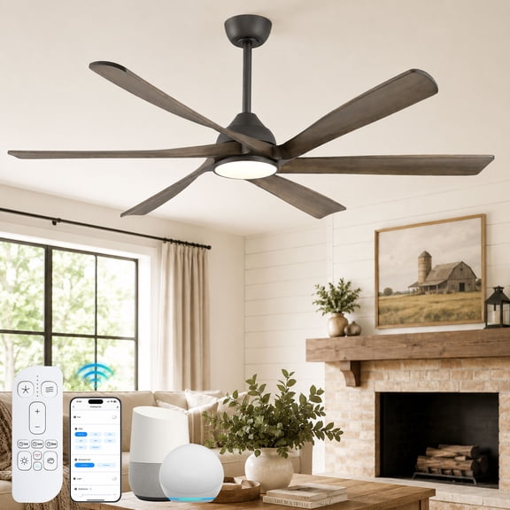 60 inch Smart Ceiling Fan with Light and Remote, Large 6 Blades Wood Ceiling Fan with Voice/App Control, Indoor Outdoor Fans for Patios Porches Bedroom Kitchen