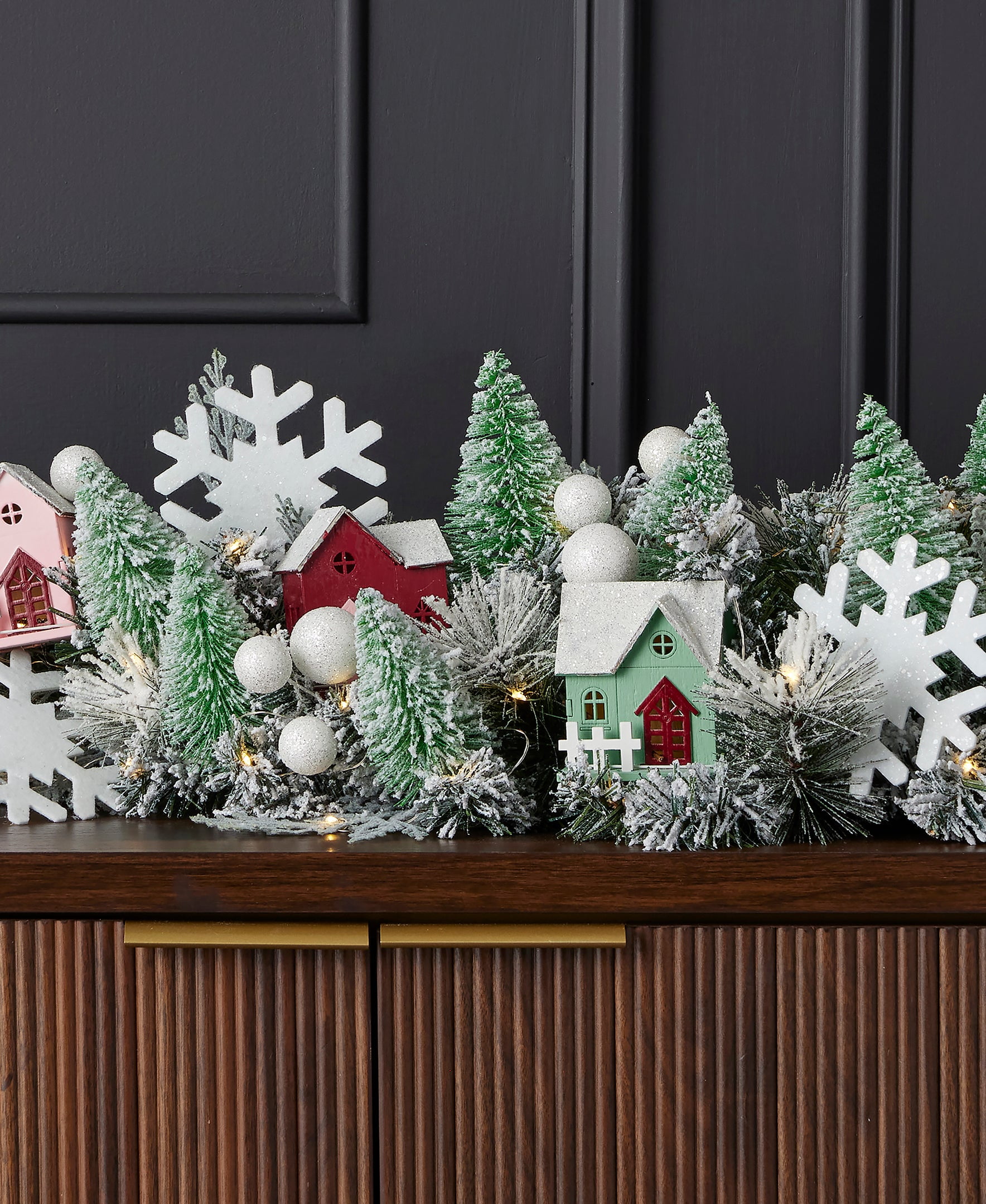 60 inch Snowy Cottage Mantel Swag, Pre-Lit with LED Fairy Lights, Artificial Flocked Greenery with Christmas Cottages, Battery-Operated Indoor Home Dcor - by Seasonal LLC
