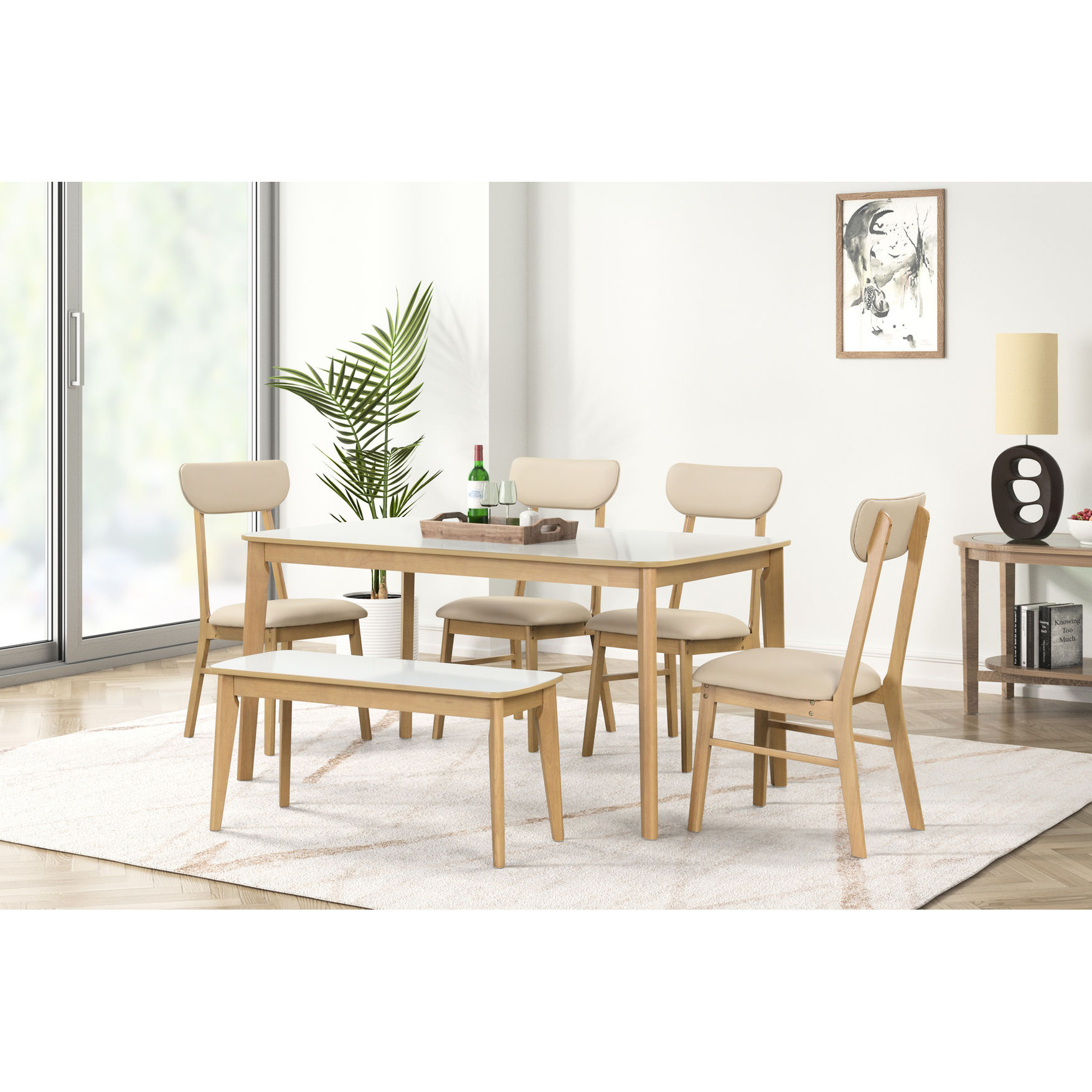 60-inch Table with 4 Chairs & Bench - Breathable Upholstery - Family ...