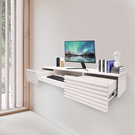 60 inch Wall Mounted Desk with Drawers, Floating Desk with Keyboard Tray, Space Saving Wall Desk for Home Office, 120 lbs Load Capacity, Modern Floating Desk for Small Spaces