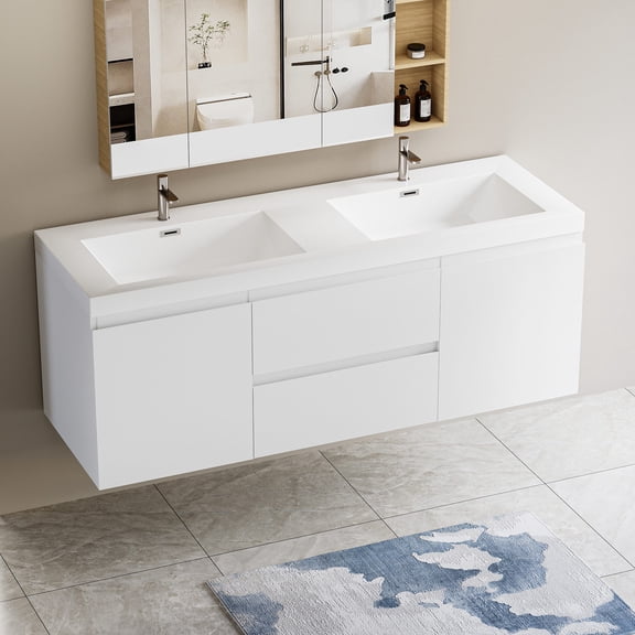 60-inch Wall-Mounted Vanity with Double Sinks for Organizing Cosmetics