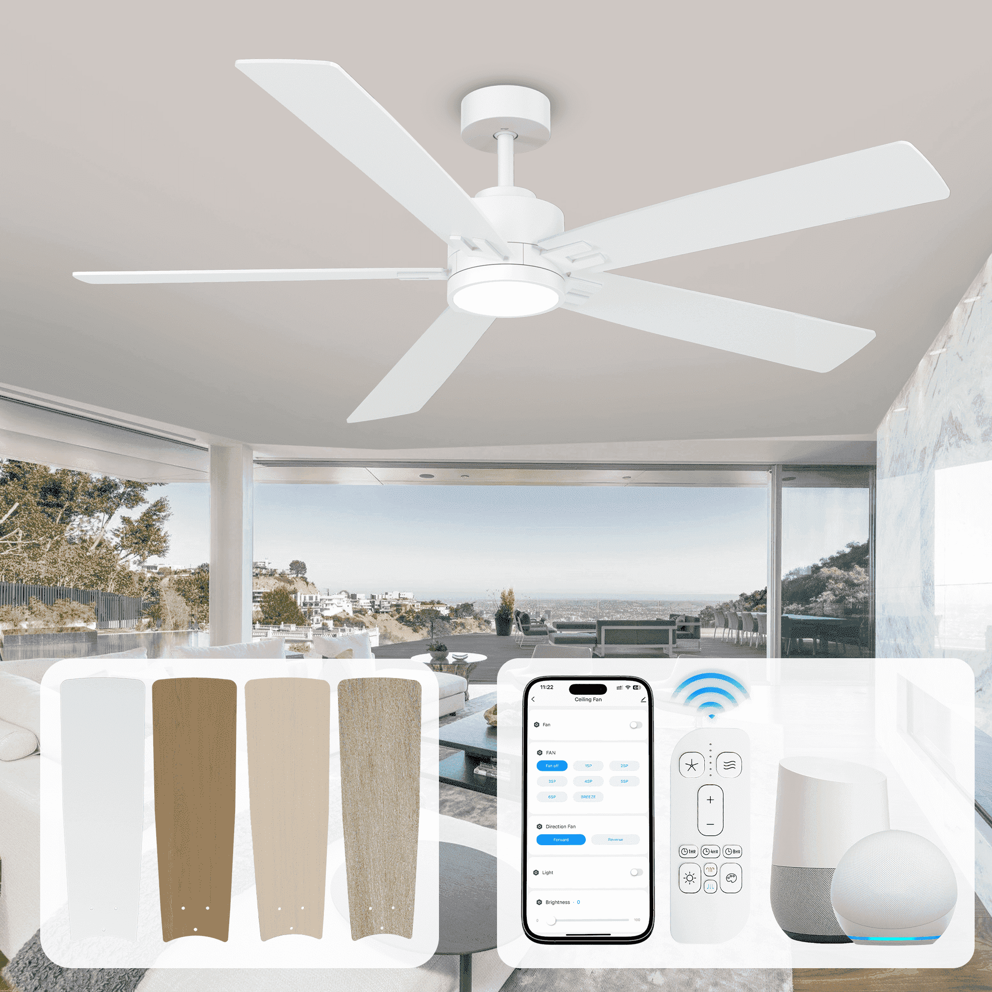 60 inch White Smart Ceiling Fan, Indoor Outdoor Patios Living Room Ceiling Fan with Alexa/Voice Control, Modern Farmhouse Style