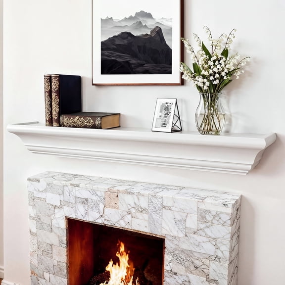 60 inch White Fireplace Mantel - Handcrafted Hollow Rustic Wood Wall Mounted Floating Shelf with Invisible Heavy Duty Wood Bracket.Step-like fireplace mantel